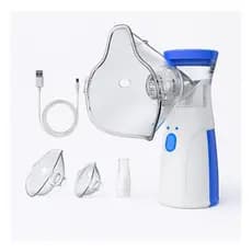 Inalador Nebulizador Ultrassônico Portátil Cor Branco e Azul - a Pilhas ou Cabo USB + Garrafa de Lavagem Nasal