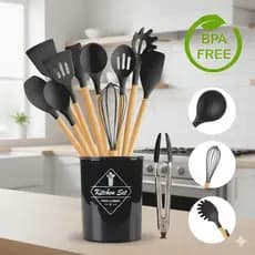 Kit Utensílios de Cozinha Silicone 12 peças Completo Preto - Branco Cabo Madeira Bambu