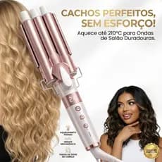 Modelador De Cachos Tri-ondas Cerâmica Aquecimento Rápido Bivolt Branco Rosa