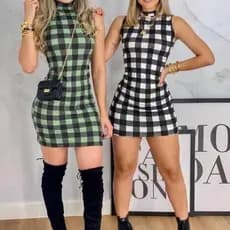 Vestido feminino manga cavada gola alta xadrez