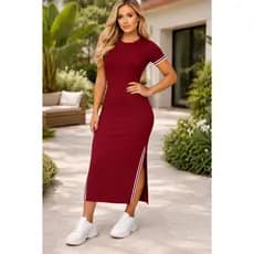 vestido feminino longo manga curta com fenda lateral listras impecavel moderno