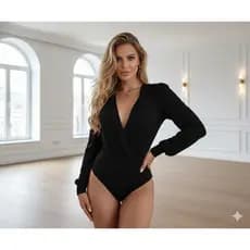 body feminino suplex macio transpassado decote manga longa top moderna