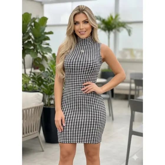 vestido feminino curto gola alta manga cavada pied poule maciez moderno