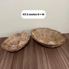 Kit Com 2 Pãozeiras De Bambu Com Alça G + M Cesta Artesanal Para Café Da Manhã