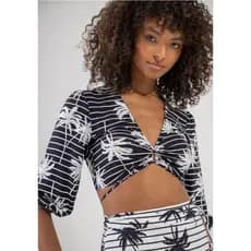 Cropped Coqueiros Manga 3/4 Preto e Branco LEZ A LEZ