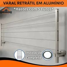 Kit Varal Dobrável de Parede Completo Para 80kg Alumínio Reforçado 20m de Corda e Kit Instalação