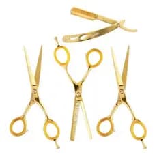 Kit 3 Tesouras DOURADO Profissionais Cabeleireiro Barbeiro + Navalha + 2 pentes