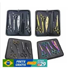 Kit Barbeiro Profissional - 3 Tesouras + Navalha + 2 Pentes