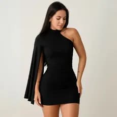 Vestido Curto Estilo Gringa Manga Mula Lateral Com Gola Alta