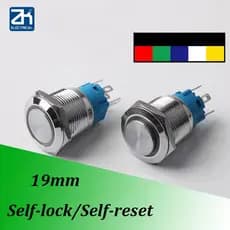 19mm Botão De Pressão De Metal Com Luz Anel De Interruptor De LED 12V Tipo Trava Momentânea Sem NC Vermelho Azul 24V 36V