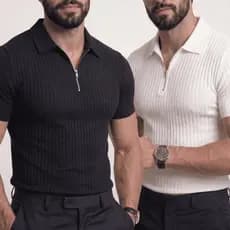 Kit 2 Camisetas Polo Manga Curta Com Ziper Masculina Malha Canelada Tecido Canelado Premium Italiana