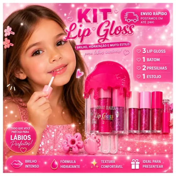 Kit Lip Gloss infantil Maquiagem Estojo