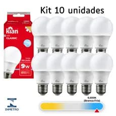 Kit 5 ou 10 Lâmpadas LED 9W E27 6500K Bivolt Branca Fria