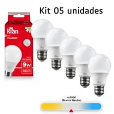 Kit 5 Lâmpadas LED 9W E27 4000K Bivolt Branca Neutra