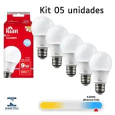 Kit 5 Lâmpadas LED 9W E27 6500K Bivolt Branca Fria