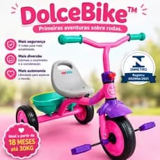Triciclo Infantil Rosa Menina com Pedal Cestinha Ajustável Até 30kg Certificado Inmetro 1 Ano e Meio