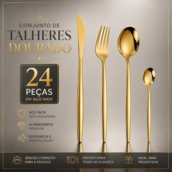 Faqueiro Dourado 24 Peças Aço Inox Jogo de Talheres Luxo Completo Facas Garfos Colheres Mesa Posta