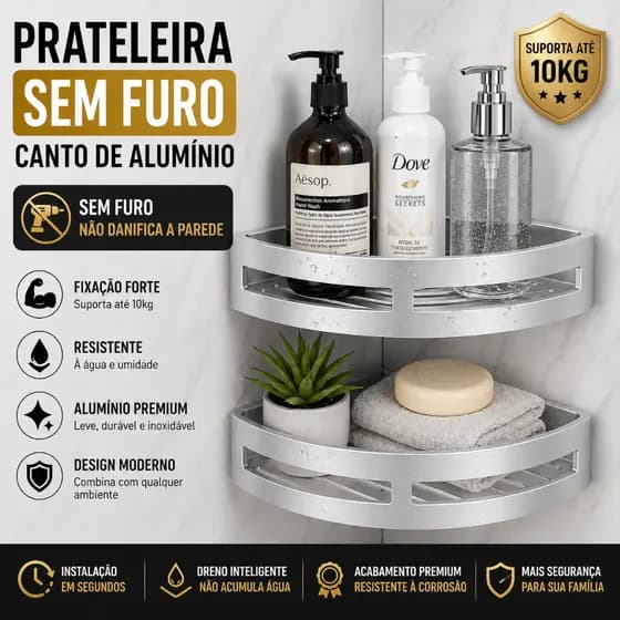 Prateleira de Canto Premium Sem Furo (Kit 2) Alumínio Antiferrugem | Organizador Luxo Banheiro e Cozinha | Instal Rápida