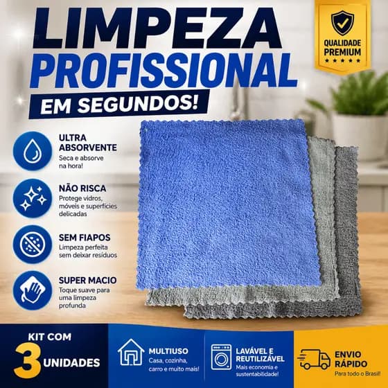 Kit 3 Panos Microfibra Super Soft Premium Multiuso Alta Absorção Limpeza Vidro Cozinha Carro Sem Fiapos