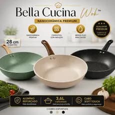 Frigideira Wok 28cm Nanocerâmica Antiaderente 3,6L Indução Cooktop Cabo Soft Touch Preta Creme Verde