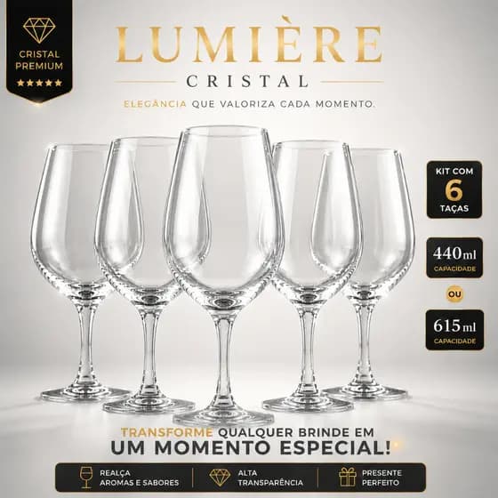 Jogo 6 Taças de Cristal 440ml ou 615ml Água Vinho Gin Drinks Suco Elegante Premium Presente