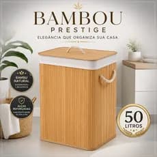 Cesto Organizador de Roupas Bambu 50 Litros Tampa Elegante
