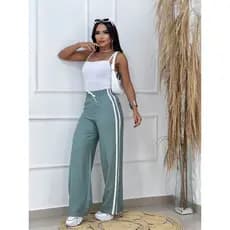 Calça Feminina Listrada Com Faixa Lateral Pantalona Tendência Moda Blogueira Cintura Alta Elástico Confortável