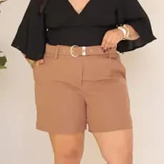 Short Feminino Plus Size Alfaiataria Casual Social  Cintura Alta Bolso E Cinto Elegante Casual Nude