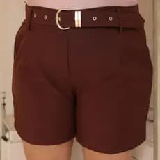Short Plus Size Feminino Alfaiataria Com Cinto Casual Cintura Alta Bolso E Cinto Elegante Marrom