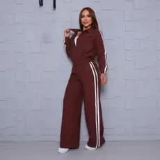 Conjunto Feminino Listras Jaqueta Com Zíper Elástico na Cintura Bolsos Laterais Casual Sensorial Marrom