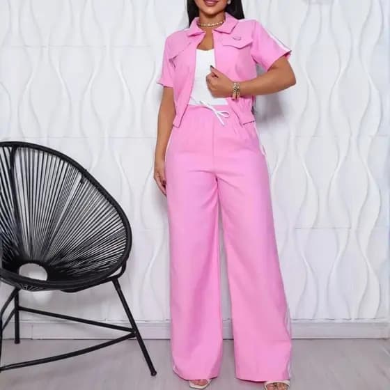 Conjunto Jaqueta Manga Curta Feminino Blusa Pantalona Com Linhas Casual Esportivo Rosa
