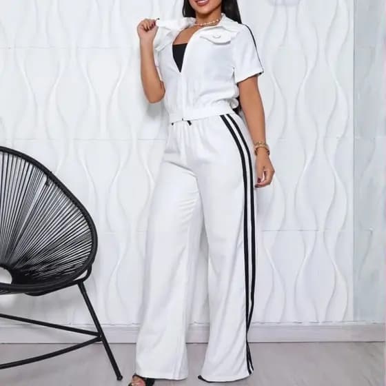 Conjunto Feminino Blusa Cropped Pantalona Casual  Com Linhas Casual Esportivo Off White
