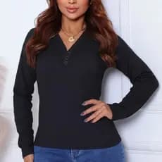 Blusa Feminina Manga Longa Ribana Felpada Gola V Inverno Com Botões Confortável Quentinho Preto