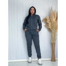 Conjunto Feminino Moletom Cinza Flanelado Com Capuz E Zíper Calça Jogger Moda Inverno Casual