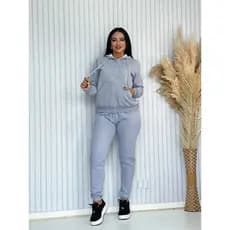 Conjunto Cinza Feminino Moletom Flanelado Com Capuz E Zíper Calça Jogger Moda Inverno Casual