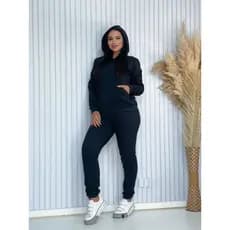 Conjunto Preto Feminino Moletom Flanelado Com Capuz E Zíper Calça Jogger Moda Inverno Casual