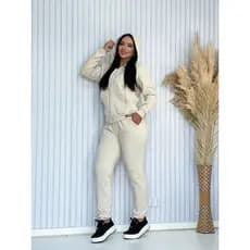 Conjunto Bege Feminino Moletom Flanelado Com Capuz E Zíper Calça Jogger Moda Inverno Casual