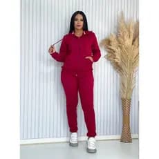 Conjunto Rosa Feminino Moletom Flanelado Com Capuz E Zíper Calça Jogger Moda Inverno Casual