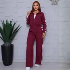 Conjunto Feminino Listras Casual Jaqueta Com Zíper Elástico na Cintura Bolsos Laterais Sensorial Vinho Envio Imediato