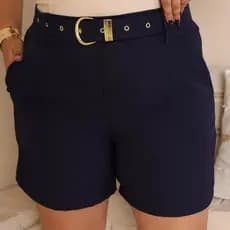 Short Feminino Plus Size Alfaiataria Cintura Alta Bolso E Cinto Elegante Confotável Casual Azul Marinho