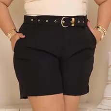 Short Feminino Plus Size Alfaiataria Casual Social Cintura Alta Bolso E Cinto Elegante Preto
