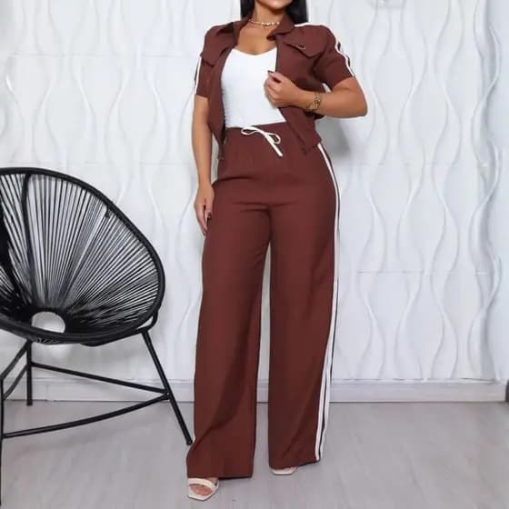 Conjunto Feminino Manga Curta Blusa Pantalona Casual  Elegante Esportivo Com Linhas Marrom