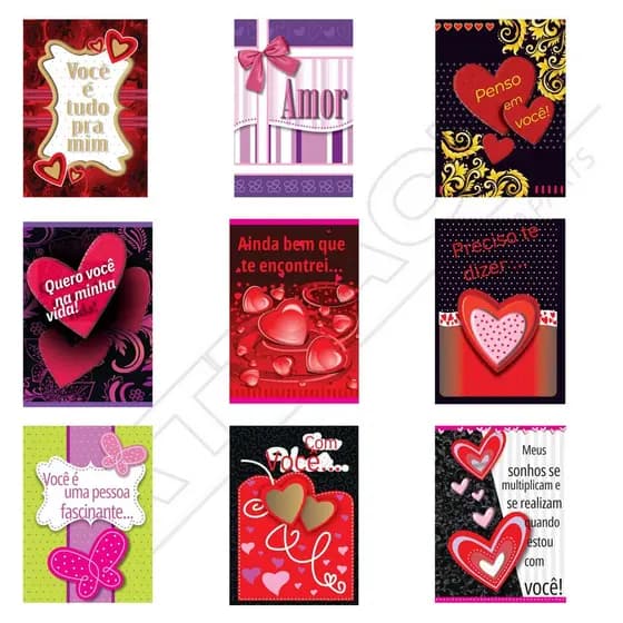 Kit c/ 54 Cartões Amor/Carinho Frases Especiais Estampa love