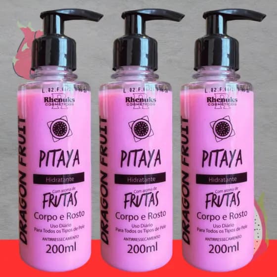 Kit C/3 Creme Hidratante Pitaya Corpo e Rosto para Uso Diário 200ml - Rhenuks
