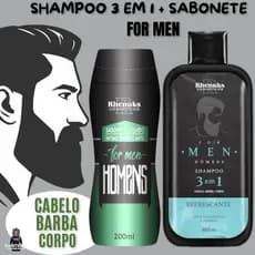 KIT For Men com Shampoo 3 em 1 c/ 400 ml cabelo barba e corpo + Sabonete Intimo 200ml Rhenuks Homem