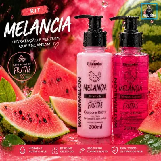 Kit MELANCIA Muito CHEIROSO- 1 Hidratante + 1 Sabonete Líquido CORPO E ROSTO - rhenuks cosméticos