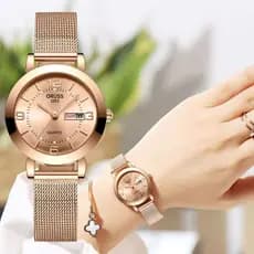 Original Moda Feminina Calendário Duplo Pulseira de Malha de Luxo Aço Inoxidável Luminoso Relógio À Prova D 'Água