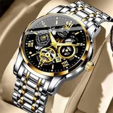 ORUSS 100% Original Luxo Oco de Aço Inoxidável Gold Fashion Business Men's Calendário luminoso à prova d' água Relógio