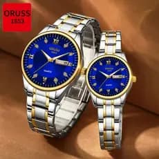 ORUSS Original 2 Pcs Casal Calendário Duplo Mostrador Azul Luxo À Prova D 'Água Luminoso Relógio de Aço Inoxidável Moda