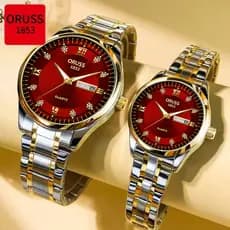 ORUSS Original 2 Pcs Casal Aço Inoxidável Mostrador Vermelho Calendário Duplo Luxo À Prova D 'Água Relógio Luminoso Moda